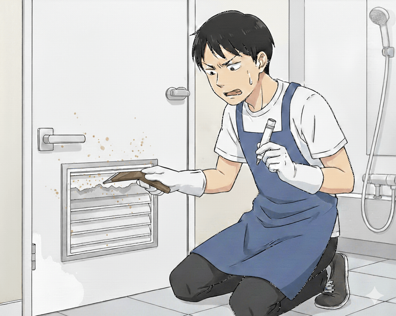 浴室ドアの水垢を削る男